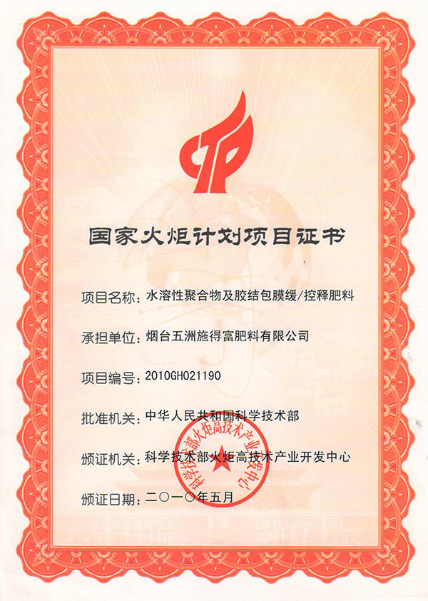 National Torch Plan Project Certificate